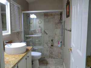 Bathroom featuring vanity, a shower with door, and toilet