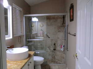 Bathroom with vanity, vaulted ceiling, toilet, and walk in shower