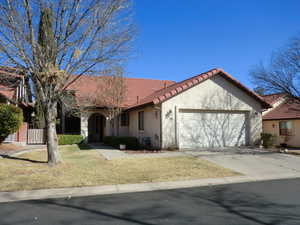 View of front of home featuring a garage and a front lawn