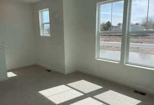 Spare room with carpet, a healthy amount of sunlight, visible vents, and baseboards