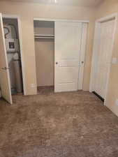 Unfurnished bedroom featuring carpet and a closet