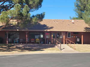 View of front of property with a shingled roof and log veneer siding