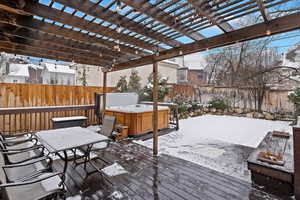 Snow covered deck, fully fenced backyard, salt water Artic Spa, and pergola