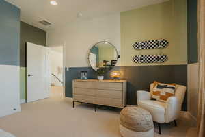 Bedroom featuring baseboards, light carpet, visible vents, and recessed lighting