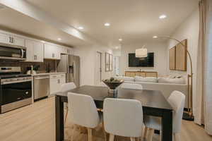 Dining area featuring recessed lighting and light wood-style floors