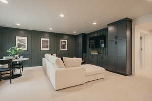 Interior space featuring recessed lighting and light colored carpet