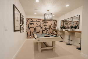 Rec room featuring recessed lighting, billiards, baseboards, and light colored carpet