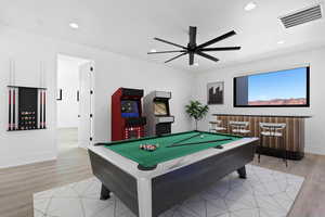 Playroom featuring ceiling fan, light wood-style flooring, recessed lighting, pool table, and visible vents