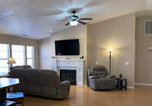 Living area featuring lofted ceiling, wood finished floors, and visible vents