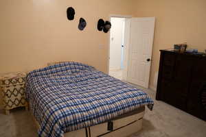 Bedroom featuring light colored carpet