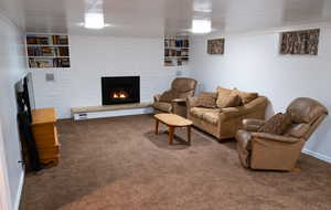 Carpeted living room featuring built in features, ornamental molding, and a fireplace