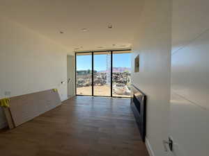Spare room featuring floor to ceiling windows, wood finished floors, and recessed lighting