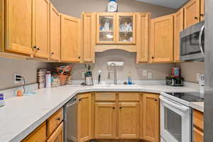 Kitchen featuring appliances with stainless steel finishes, light countertops, a sink, and glass insert cabinets