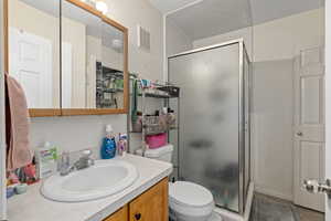 Full bath featuring a stall shower, visible vents, vanity, and toilet