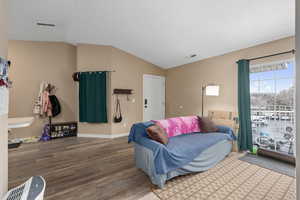 Living area with lofted ceiling, visible vents, and wood finished floors