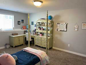 Bedroom featuring dark colored carpet, visible vents, and baseboards