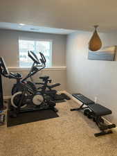 Workout room featuring carpet, visible vents, and baseboards