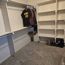 Spacious closet featuring dark colored carpet