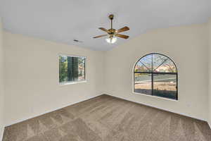 Carpeted spare room with ceiling fan, plenty of natural light, baseboards, and vaulted ceiling