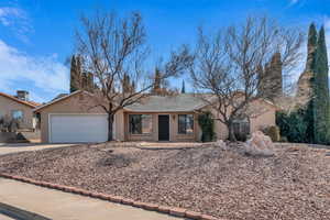 View of front facade with concrete driveway, an attached garage, and stucco siding