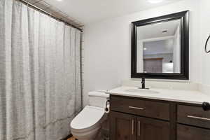 Full bathroom with visible vents, vanity, toilet, and a shower with curtain