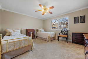 Bedroom featuring a ceiling fan, light colored carpet, crown molding, and baseboards