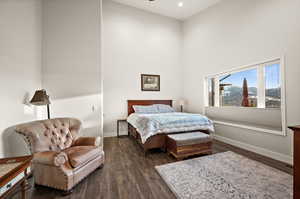 Bedroom with a high ceiling, baseboards, dark wood finished floors, and recessed lighting