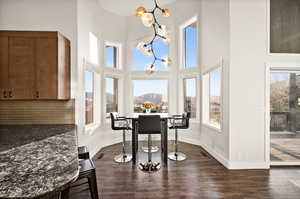 Dining area featuring baseboards, dark wood finished floors, a towering ceiling, an inviting chandelier, and a mountain view