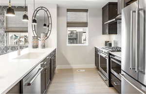 Kitchen featuring light countertops, premium appliances, backsplash, and a sink