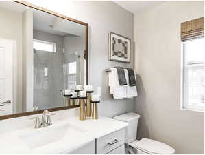 Bathroom with toilet, a stall shower, and vanity