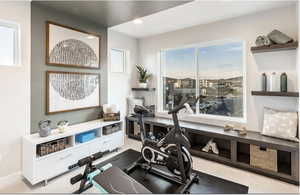 Workout room featuring recessed lighting, baseboards, and light colored carpet