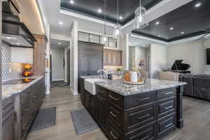 Kitchen featuring a sink, exhaust hood, an island with sink, a raised ceiling, and pendant lighting