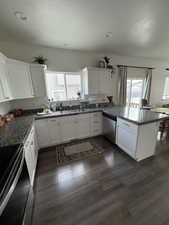 Kitchen with a peninsula, dark wood-style floors, white cabinetry, and dishwasher