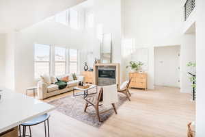 Living room featuring a premium fireplace, light wood-type flooring, and baseboards