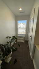 Misc room with dark colored carpet, visible vents, and baseboards