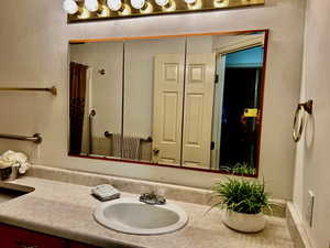 Full bathroom featuring vanity and a shower with shower curtain