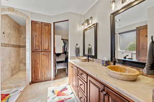 Full bathroom featuring double vanity, walk in shower, a sink, and a walk in closet