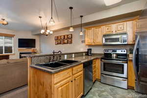 Kitchen with stainless steel appliances, a sink, open floor plan, hanging light fixtures