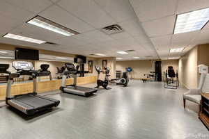 Gym featuring visible vents, a drop ceiling, and wood finished floors