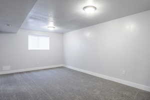 Empty room featuring a textured ceiling, carpet floors, and baseboards