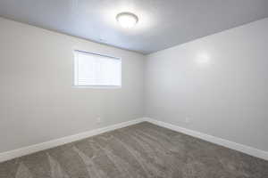 Empty room with carpet floors, visible vents, a textured ceiling, and baseboards