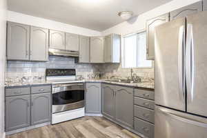 Kitchen with range with electric stovetop, gray cabinets, freestanding refrigerator, a sink, and under cabinet range hood