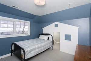 Carpeted bedroom with visible vents, vaulted ceiling, a textured ceiling, and baseboards