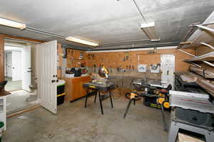 Basement with a workshop area