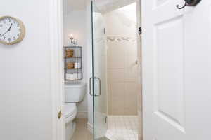 Full bathroom with lofted ceiling, a stall shower, tile patterned flooring, and toilet