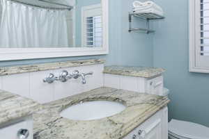 Bathroom featuring a shower with shower curtain, vanity, and toilet