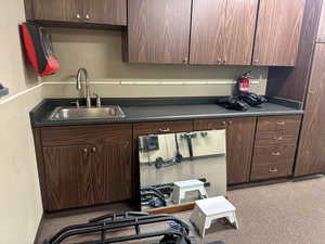 Kitchen featuring dark countertops, a sink, and dark brown cabinetry