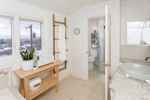 Bathroom featuring baseboards, toilet, tile patterned floors, vaulted ceiling, and vanity