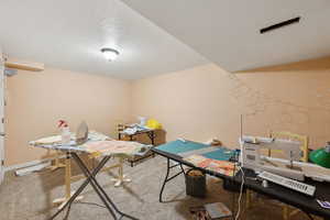 Recreation room featuring carpet floors, a textured ceiling, and baseboards