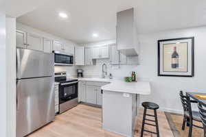 Kitchen with a peninsula, a breakfast bar, a sink, light countertops, and appliances with stainless steel finishes